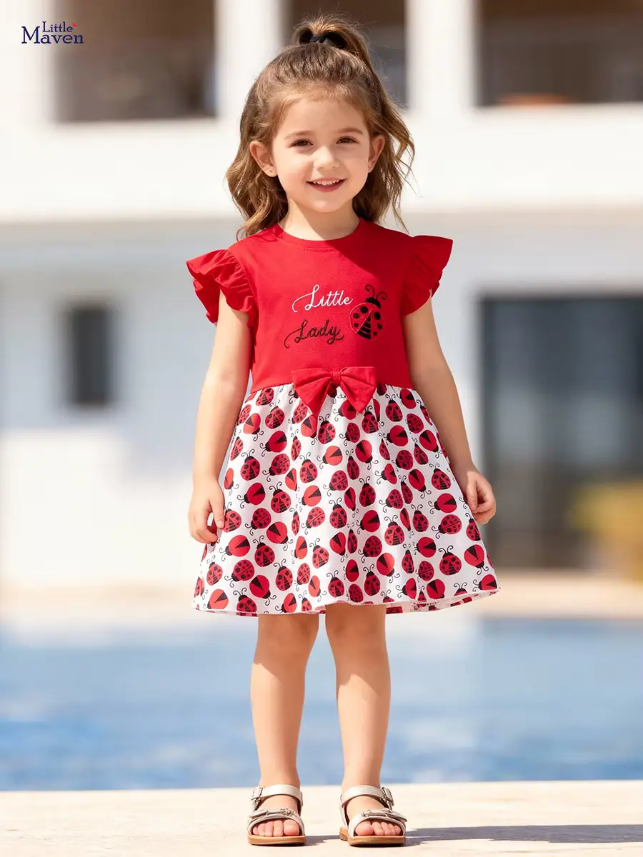 Girls Cotton Dress RED Ladybug Polyester Toddler Ruffled Sleeve Wholesale