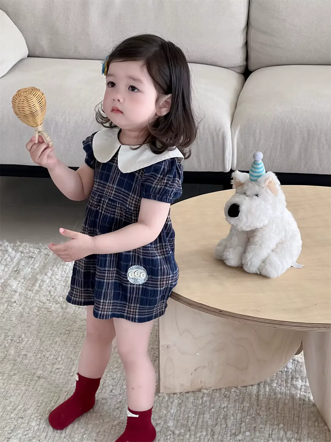 Girls Cotton Dress Thin Girl O-neck Plaid Sweet A-line Wholesale