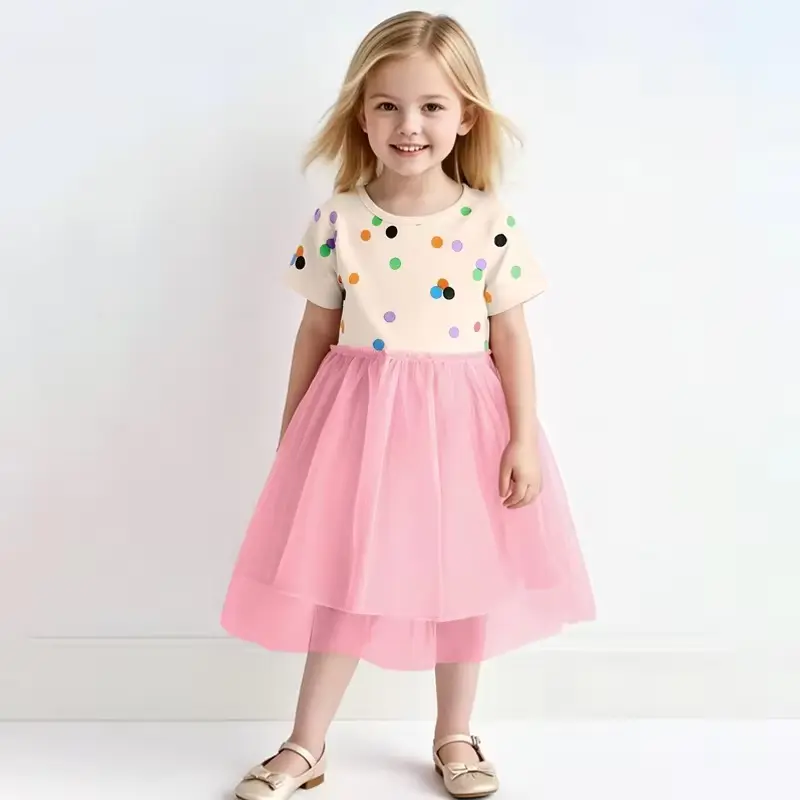 Girls Cotton Mesh Print Princess Dress Knee-length Sweet Polka Wholesale