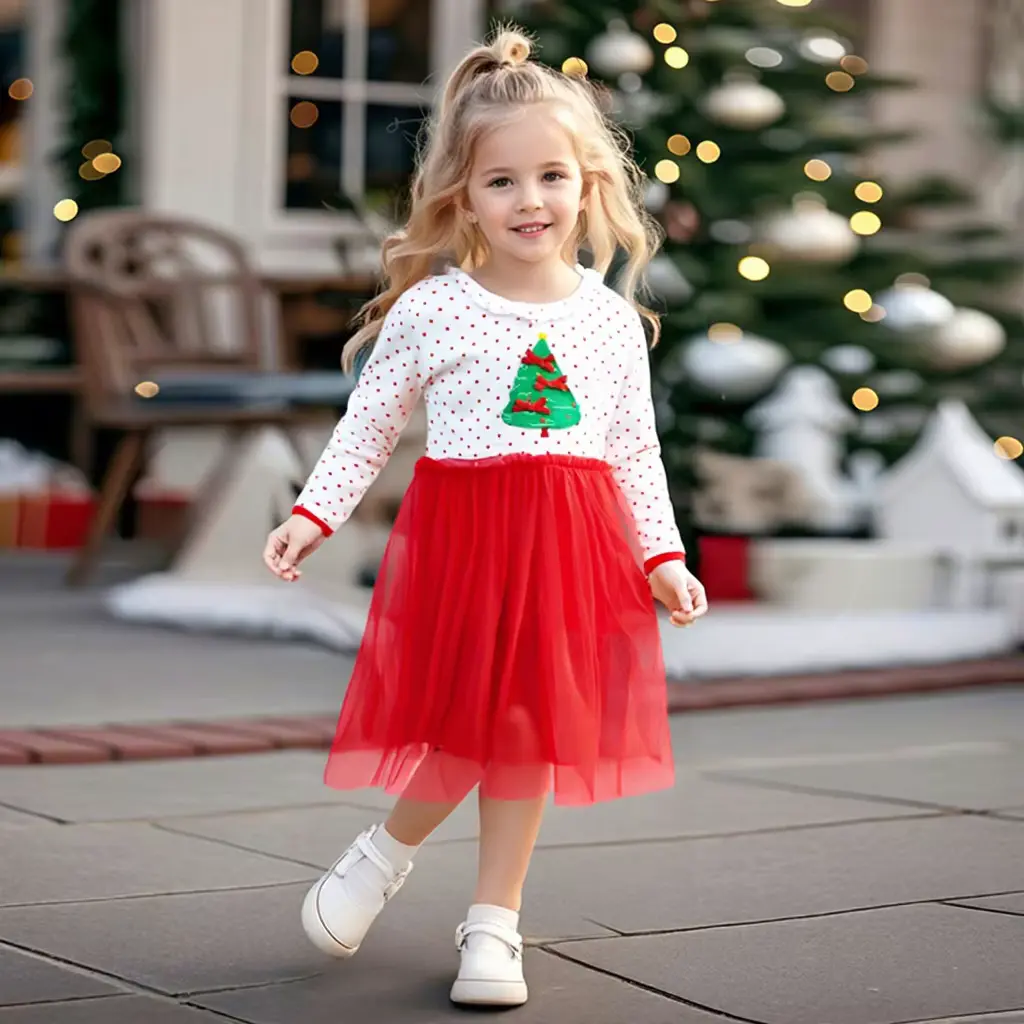 Girls Cotton Mesh Princess Dress Christmas Tree Design Polka Wholesale