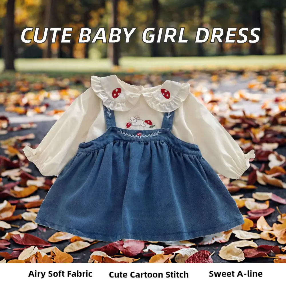 Cotton Cartoon Dress SET Girl Sweet Denim Newborn White Wholesale
