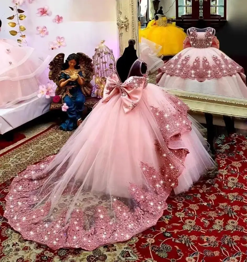 Princess Green Tulle Crystal Applique BOW Sleeveless Puffy Floor OEM Wholesale product image 3