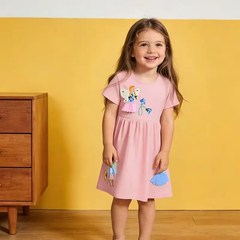 Girls Cotton Cartoon Princess Dress O-neck Layered Sweet Short Wholesale
