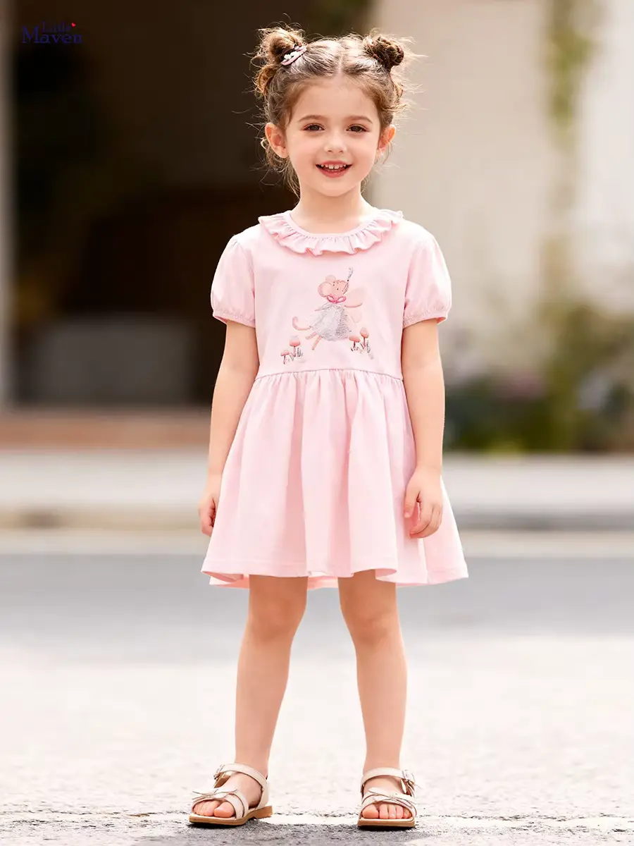Girls Cotton Cartoon Dress Customizable Wholesale A-line Knee-length Soft