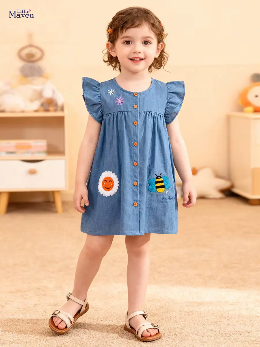 Cartoon Skirt O-neck Mid-calf Short-sleeved Denim Button Patch Embroidered Wholesale