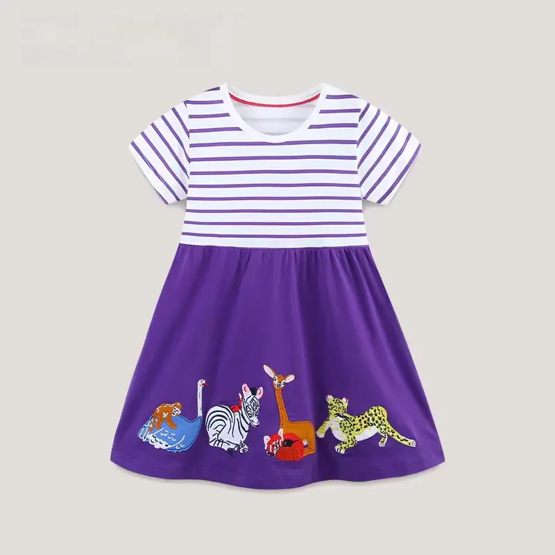 Girls Cotton Cartoon Striped Princess Wedding Party O-neck Knee-length Clothing Wholesale