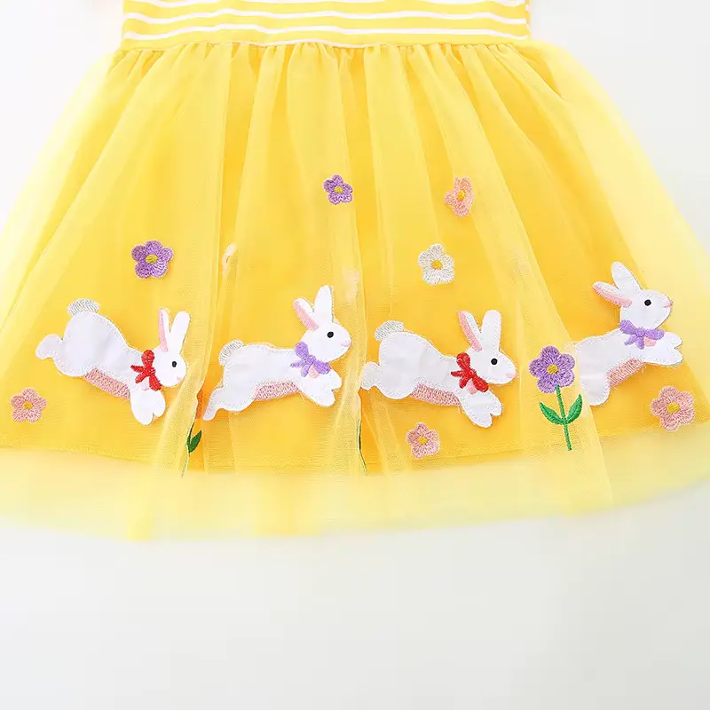 Girls Cotton Mesh Cartoon Striped Rabbit Princess Dress Embroidery Wholesale product image 4