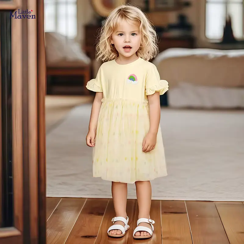 Girls Cotton Mesh Print Princess Dress Heart Ruffle Sleeve Wholesale