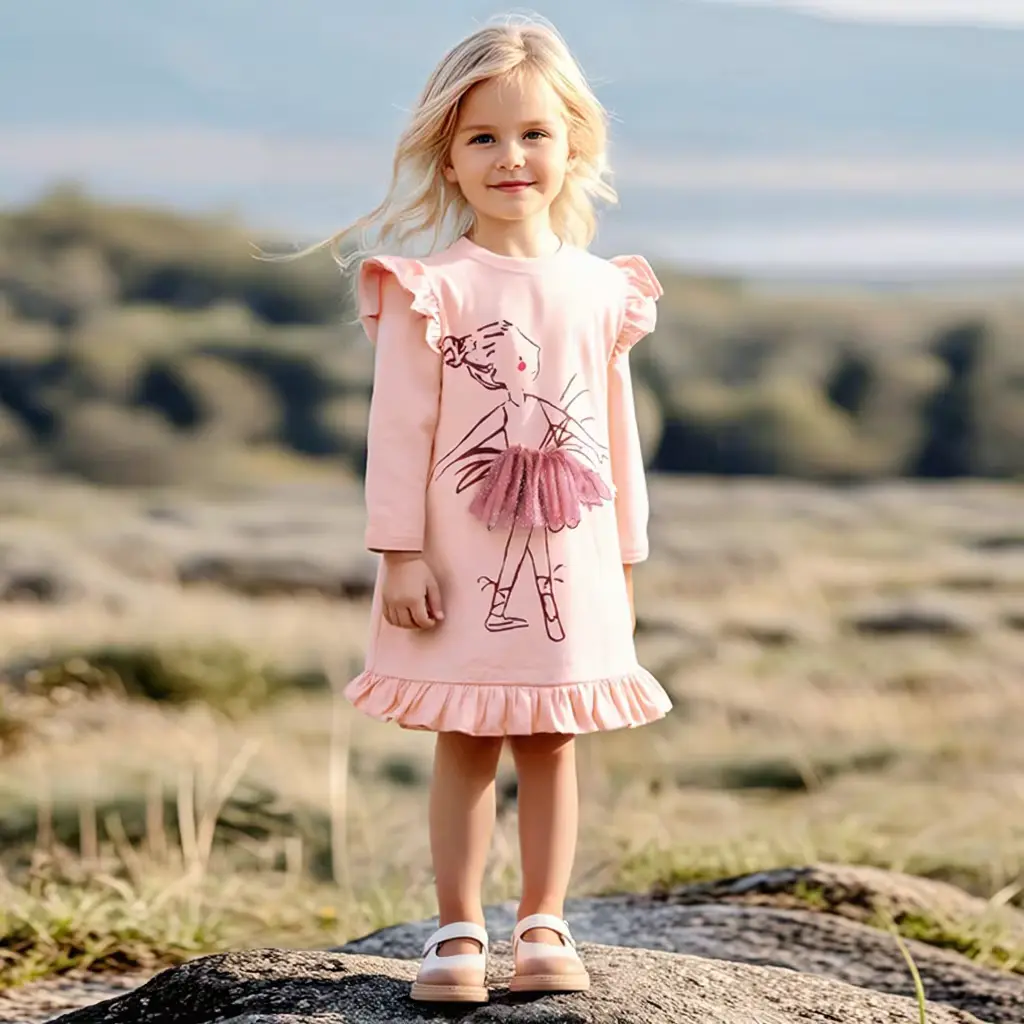 Cotton Cartoon Print Princess Dress O-neck Long Sleeve Mini Wholesale