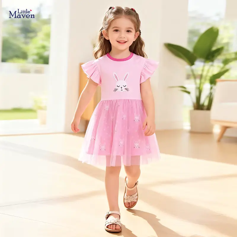 Girls Mesh Cartoon Rabbit Animal Princess Dress Ruffle Short Wholesale