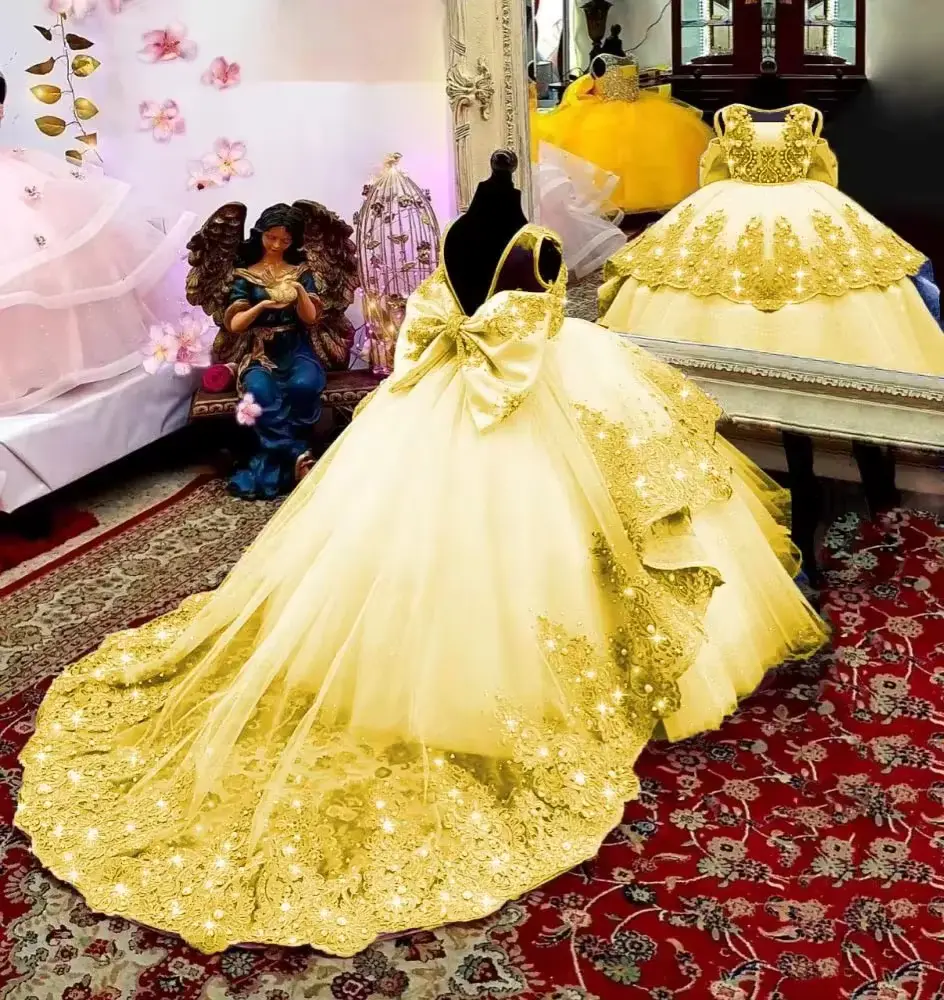 Princess Green Tulle Crystal Applique BOW Sleeveless Puffy Floor OEM Wholesale product image 4