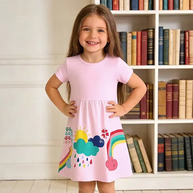 Girls Cotton Cartoon Printed Princess Dress Factory Straight O-neck Wholesale