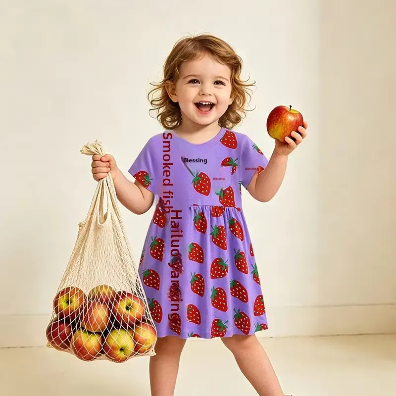 Girls Cotton Cartoon Print Princess Dress O-neck Short Sleeve Wholesale