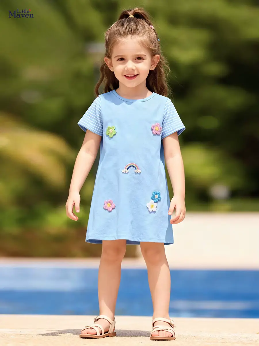 Girls Print Animal Dress Knee-length O-neck Short-sleeved A-line Worsted Wholesale